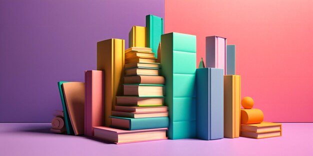 Een verzameling kleurrijke boeken op een paarse achtergrond