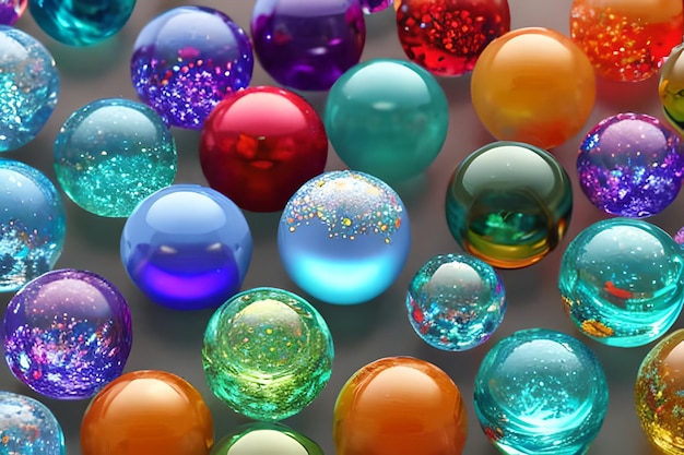Een verzameling kleurrijke glazen knikkers staat op een grijze achtergrond.