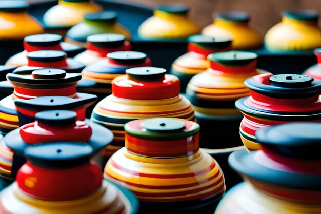 een verzameling kleurrijke glazen potten wordt tentoongesteld.