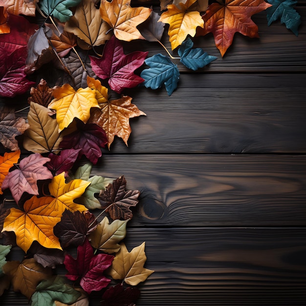 Een verzameling kleurrijke herfstbladeren op een houten tafel die de schoonheid vastlegt