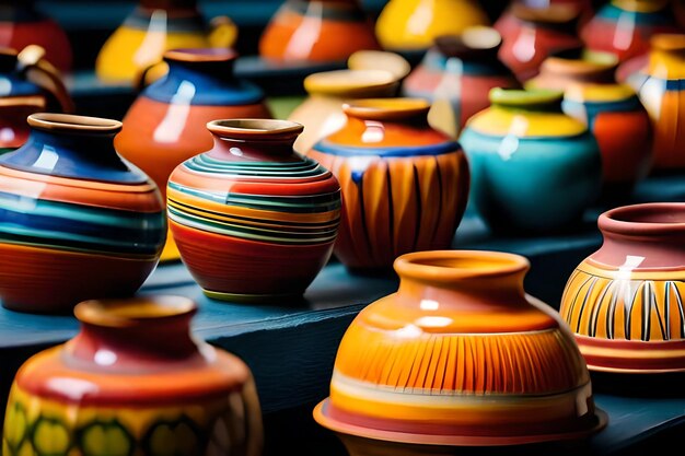 een verzameling kleurrijke keramische potten wordt tentoongesteld.