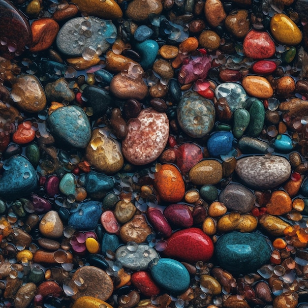 Een verzameling kleurrijke rotsen is verspreid over een donker oppervlak.
