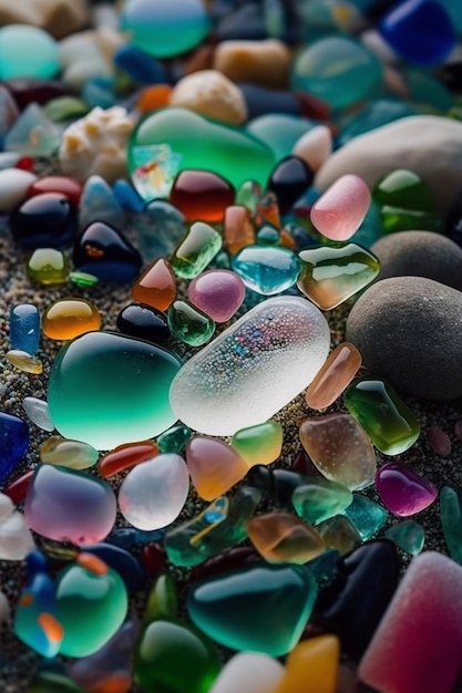 Een verzameling kleurrijke rotsen op het strand