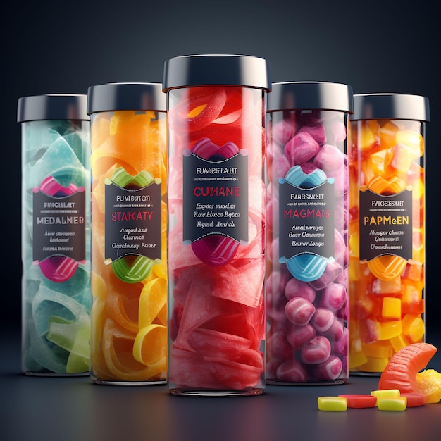 een verzameling kleurrijke snoepcontainers met verschillende kleuren.