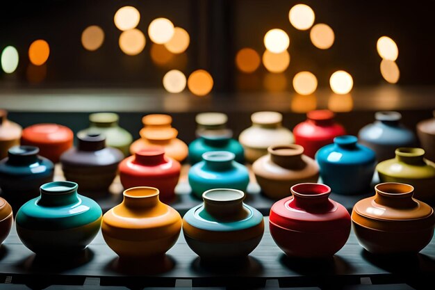 een verzameling kleurrijke vazen wordt op een plank tentoongesteld.