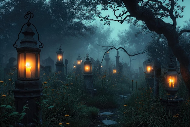 Een verzameling lantaarns gepositioneerd op een levendig en groen grasveld onder de open lucht Glowing lantaarns verlichten een mistig kerkhof AI gegenereerd