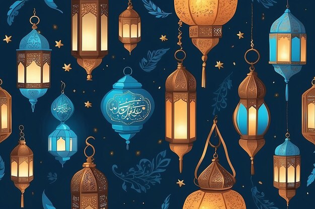 Een verzameling lantaarns voor Ramadan Kareem op een blauwe achtergrond