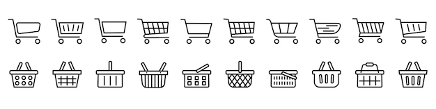 Een verzameling lineaire iconen van winkelwagentjes en manden in een winkel