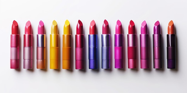 Een verzameling lippenstiftbuizen in verschillende kleuren, kunstzinnig gerangschikt