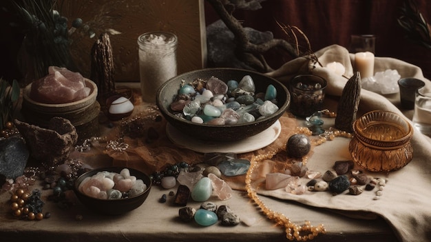 Een verzameling magische kristallen en edelstenen.