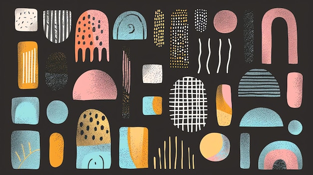 Een verzameling met de hand getekende abstracte vormen in een verscheidenheid aan kleuren en texturen