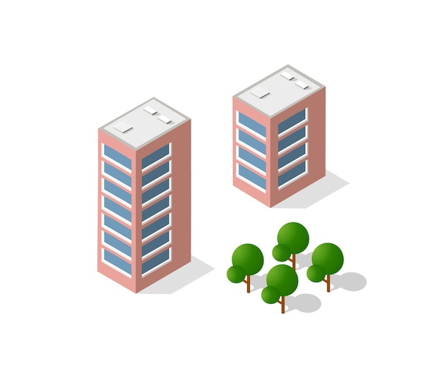 Een verzameling moderne isometrische gebouwen