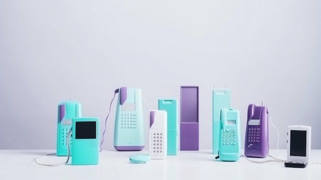 Een verzameling oude telefoons met een die zegt 'het is nu tijd'