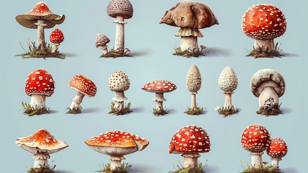 een verzameling paddenstoelen met witte vlekken en bruine vlekken