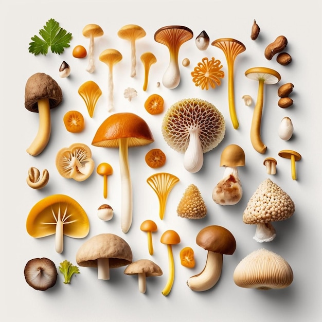 Een verzameling paddenstoelen wordt weergegeven op een witte achtergrond