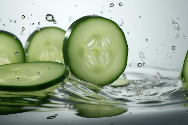een verzameling plakjes komkommer die in water drijven
