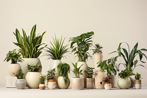 een verzameling planten en potten met planten erop