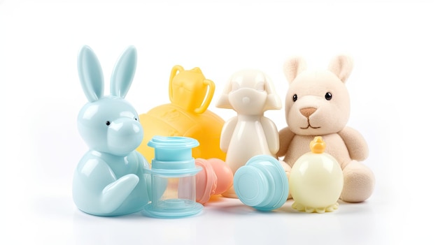 Een verzameling plastic speelgoed waaronder een konijn, een baby, een baby en een baby.
