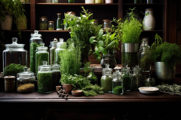 Een verzameling recent geplukte aromatische groene kruiden, zorgvuldig geordend op een tafel in een woning