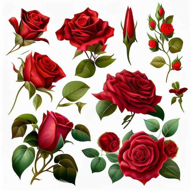 Een verzameling rode rozen met groene bladeren en rode rozen.