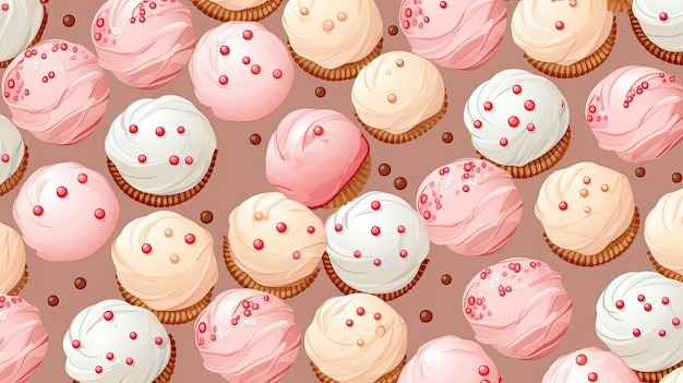 een verzameling roze en witte cupcakes met roze en blanke glazuur en snoep op een roze achtergrond.