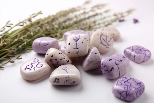 Een verzameling stenen met paarse en witte stenen met paarse en witte ontwerpen en een glas wijn.