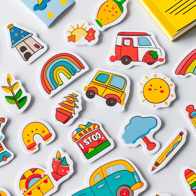 Foto een verzameling stickers met een regenboog en een auto met een glimlachend gezicht erop