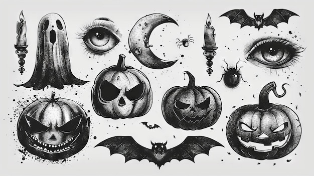Foto een verzameling van halloween symbolen pompoen spook ogen vleugels met spray textuur geweldig voor sticker banner decoratie straatkunst halloween of elke andere toepassing die vraagt om spray patroon