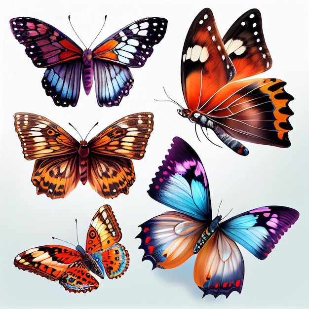 Een verzameling van kleurrijke vlinders geïsoleerd op witte achtergrond Generatieve AI