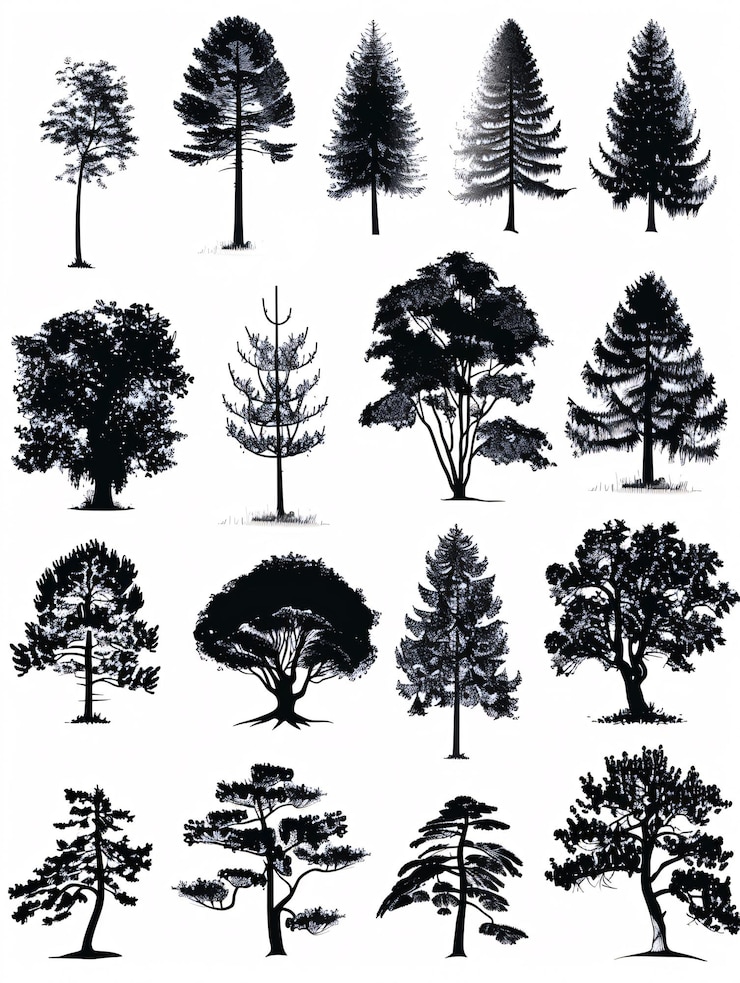 Foto een verzameling van omtrekjes van bomen in illustraties