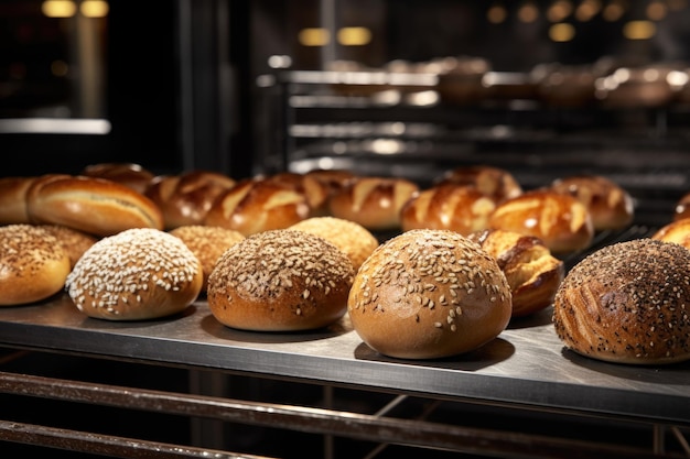 Foto een verzameling van verschillende broodjes, uitgestald op een rek. ideaal voor bakkerijpromoties en voedselgerelateerde ontwerpen