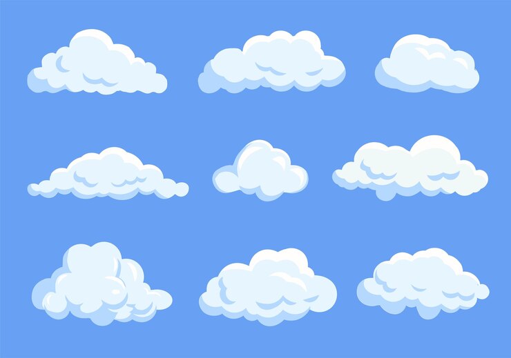 Een verzameling van verschillende pluizige wolken op een blauwe achtergrond met verschillende vormen en maten Vector illustratie