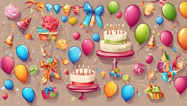 Foto een verzameling verjaardagstaartjes en ballonnen met een verjaardagstort op de achtergrond