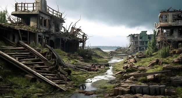 Een verzameling vernietigde woongebouwen wolkenkrabbers hoogbouw postapocalyptische generatieve AI