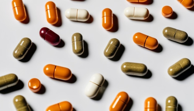 Een verzameling verschillende gekleurde pillen op een witte achtergrond