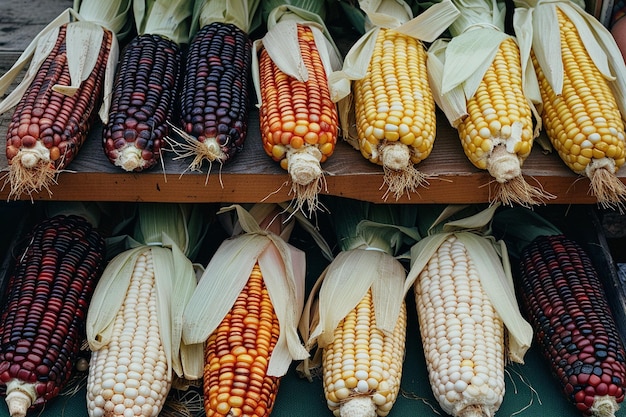 Een verzameling verse maïsvariëteiten op een boerenmarkt met verschillende kleuren en maten