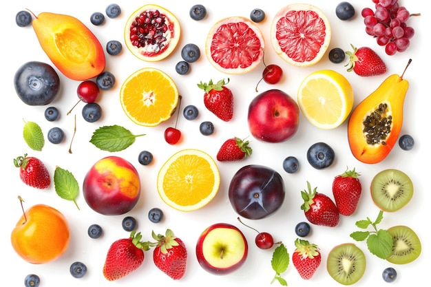 een verzameling vruchten, waaronder een met het woord fruit erop