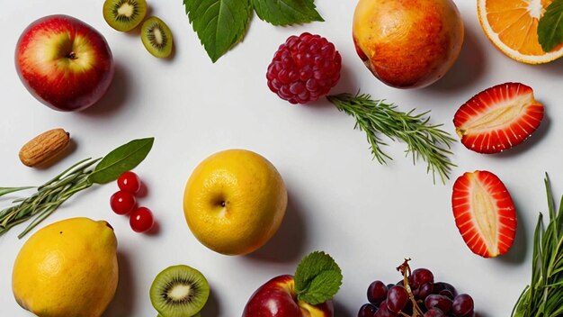 een verzameling vruchten, waaronder een met het woord fruit erop