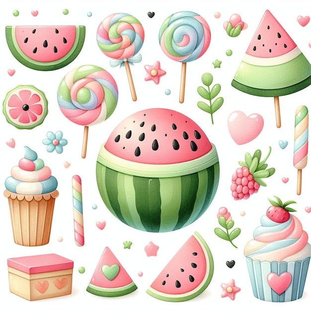 Een verzameling watermeloen- en aardbeien lekkernijen