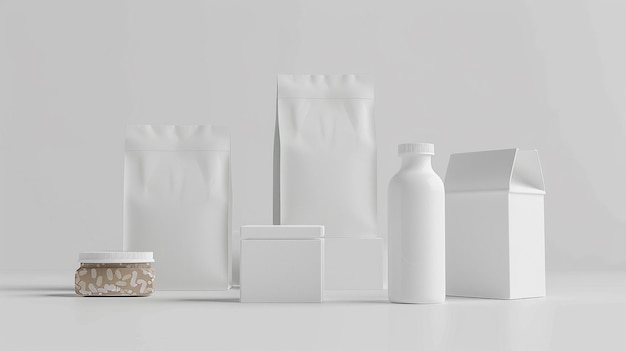 een verzameling witte plastic flessen en containers met een witte doos op de tafel