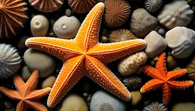 een verzameling zeeschelpen, waaronder koraalsterren en schelpen