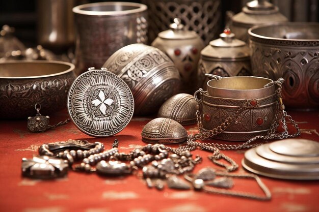 Foto een verzameling zilveren en zilveren voorwerpen, waaronder zilver en brons