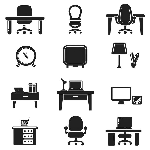 een verzameling zwarte en witte afbeeldingen van een bureau en stoel