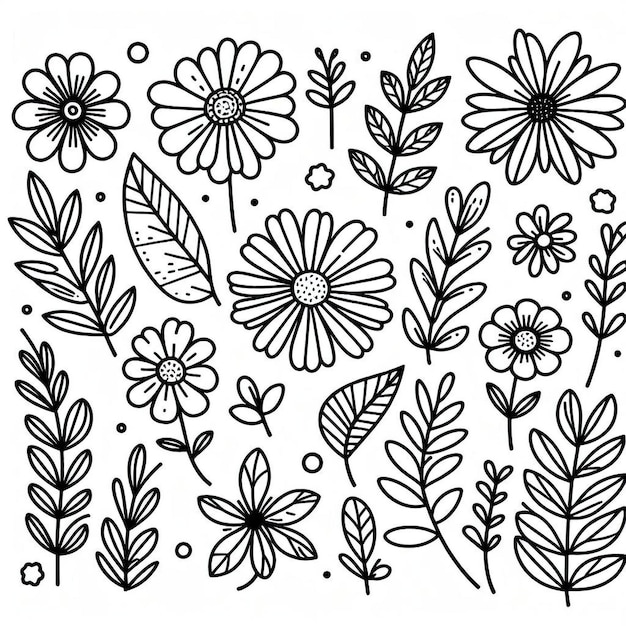 een verzameling zwarte en witte bloemen en bladeren