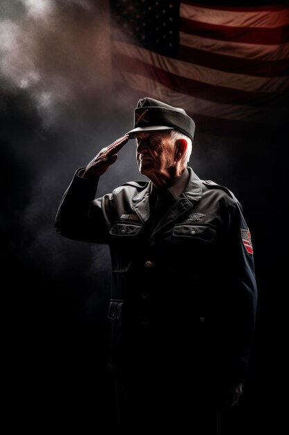 een veteraan in uniform die een militaire groet doet voor Veterans Day