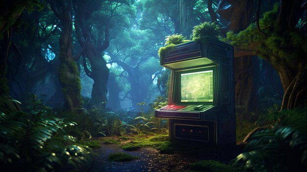 een videospelconsole in een bos