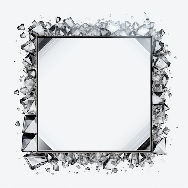 Een vierkant frame omringd door gebroken glas op een witte achtergrond