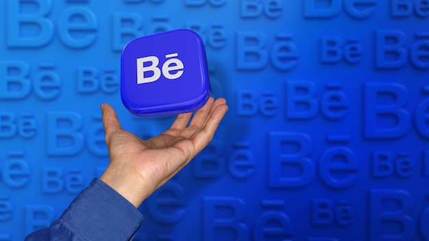 Een vierkante Behance-badge die op een mannenhand valt op ongericht blauwe achtergrond.