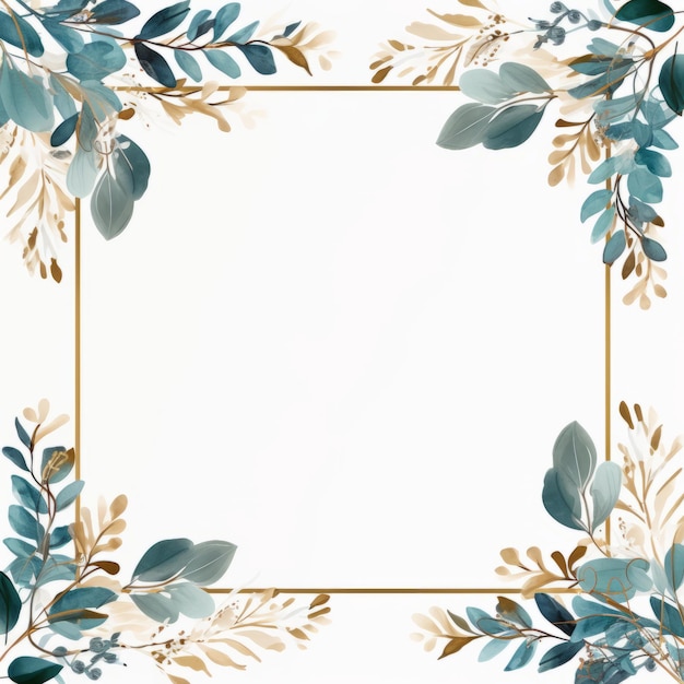 een vierkante frame met gouden bladeren en eucalyptus takken op een witte achtergrond