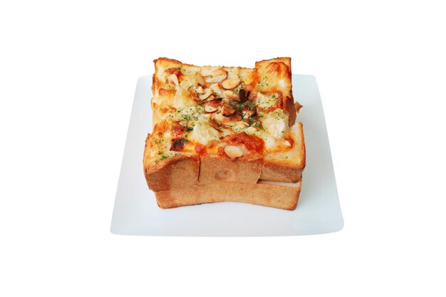 een vierkante plaat met een stuk pizza erop